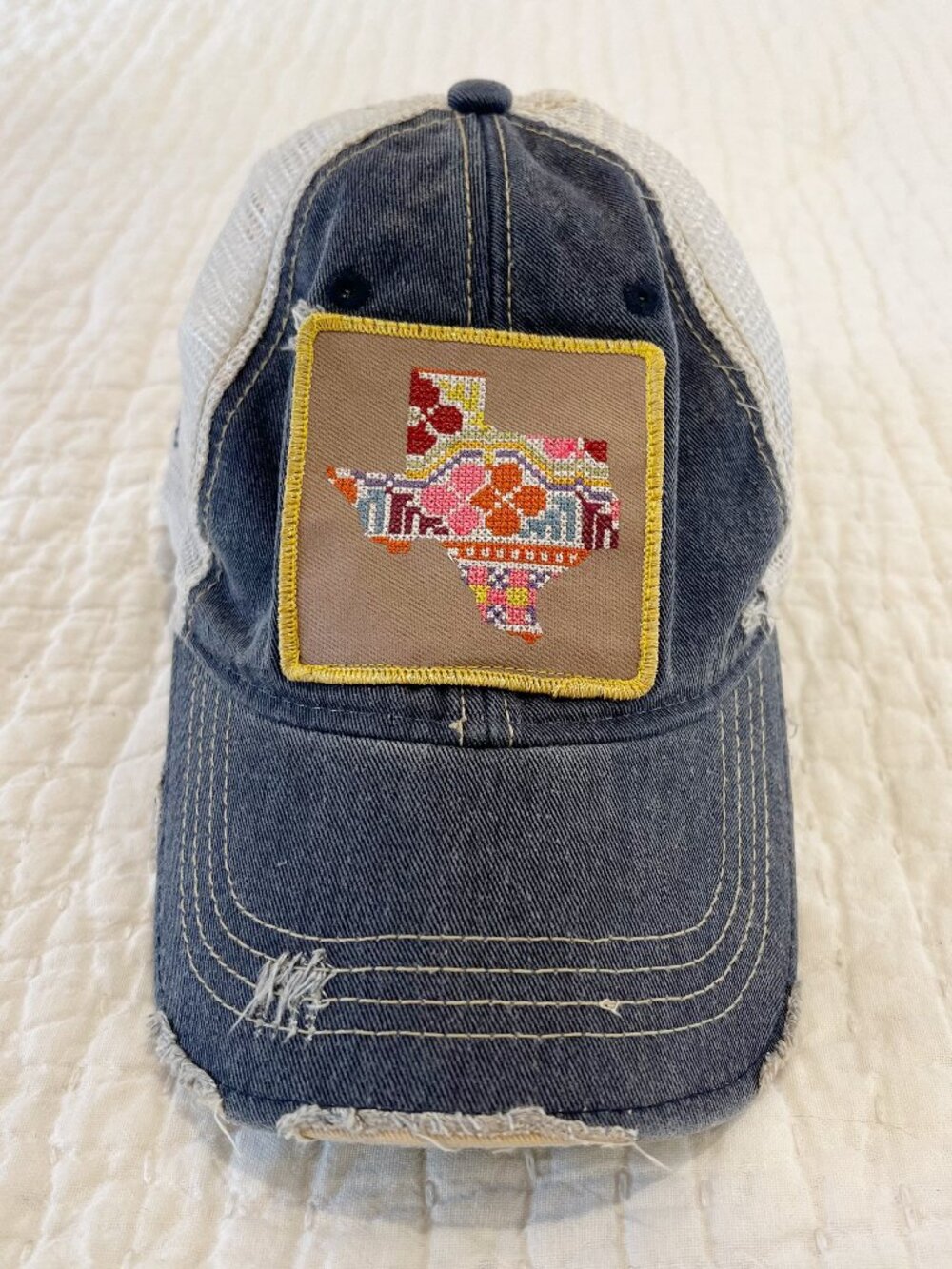 Judith March Texas Hat Cap Snap Back OS Denim Mesh Trucker Embroidered Signed